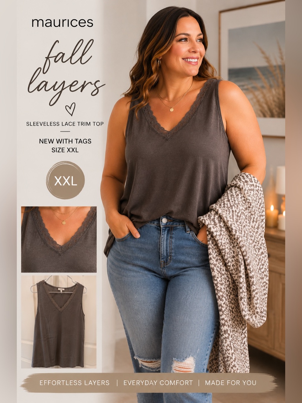 Maurices Sleeveless Lace-Trim V-Neck Top dark greige Size XXL
